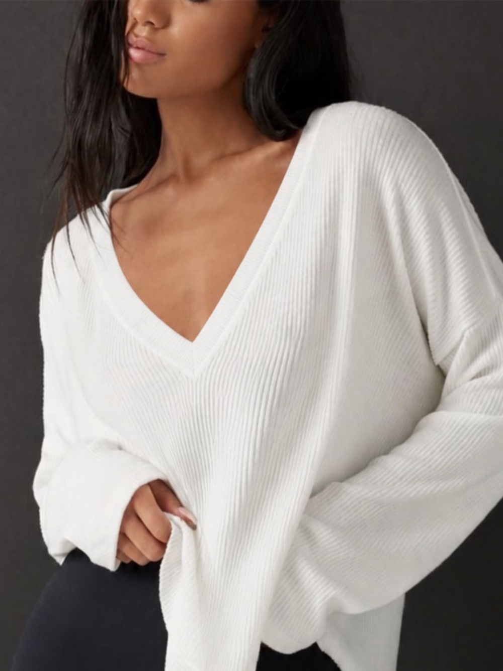 ♡ Joah Brown Deep V Long Sleeve White Lightweight Luxe Knit
